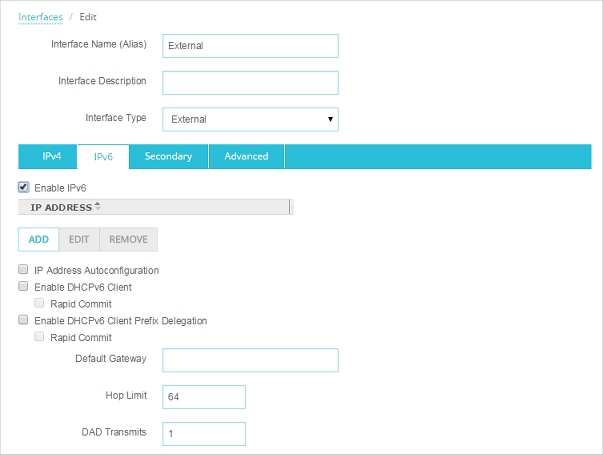 Capture d'écran de la boîte de dialogue Configuration de l'interface externe, onglet IPv6