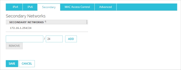 Page Configuration d'interface, section Réseaux secondaires