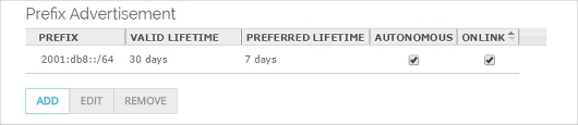 Screen shot of the Prefix Advertisement list in the Web UI