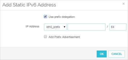 Capture d'écran de la boîte de dialogue Ajouter une adresse IPv6 statique, avec la case Utiliser la délégation de préfixe cochée