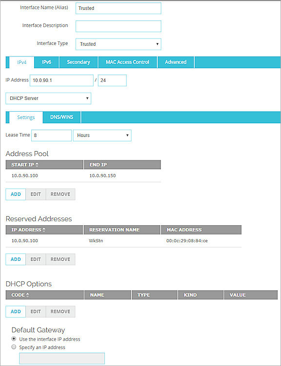 Capture d'écran d'Utilisation des paramètres de serveur DHCP