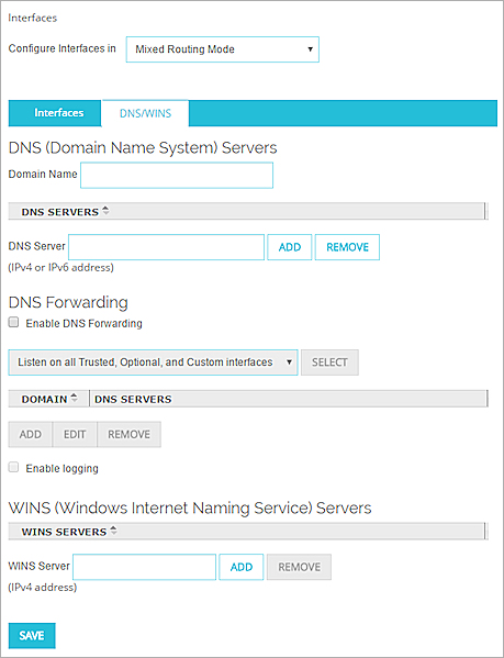 Capture d'écran de la page Interfaces réseau, section Serveurs DNS et Serveurs WINS