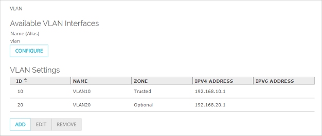 Capture d'écran de la page VLAN, avec les deux VLAN définis.