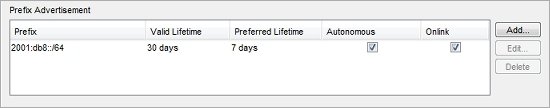 Screen shot of the Prefix Advertisement list in Policy Manager