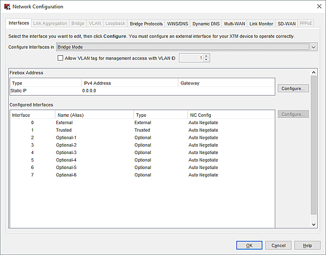 Capture d'écran de la boîte de dialogue Configuration du réseau, mode pont transparent