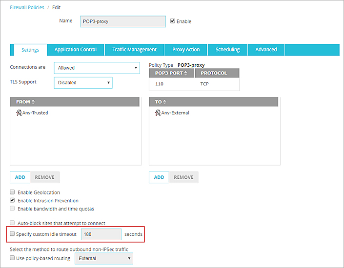 Capture d'écran de la page de Modification d'une stratégie, Spécifier l'option personnalisé du délai d'inactivité.