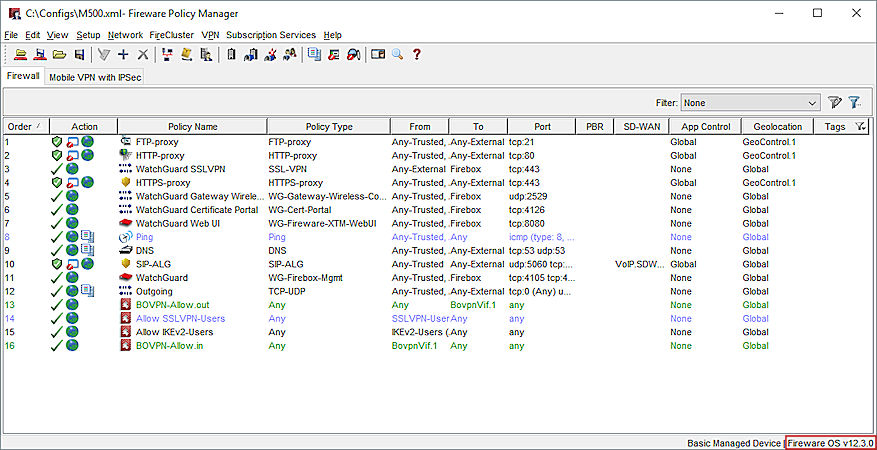 Screen shot of Fireware Policy Manager for a v12.3 configuration file