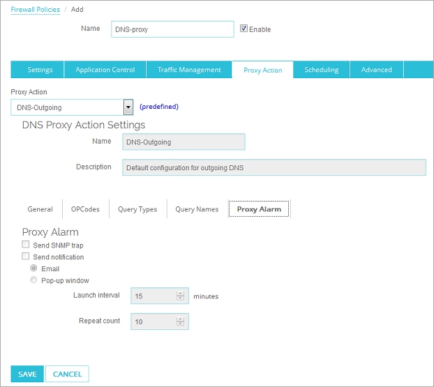 Capture d'écran des paramètres d'Alarme de Proxy dans Fireware Web UI