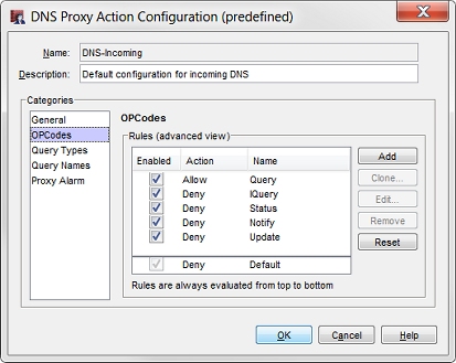 Capture d'écran de la boîte de dialogue Configuration d'une action de proxy DNS, page OPCodes