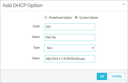 Capture d'écran de la boîte de dialogue Ajouter une Option DHCP pour les fichiers PAC