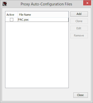 Capture d'écran de la boîte de dialogue Fichiers de Configuration Automatique de Proxy