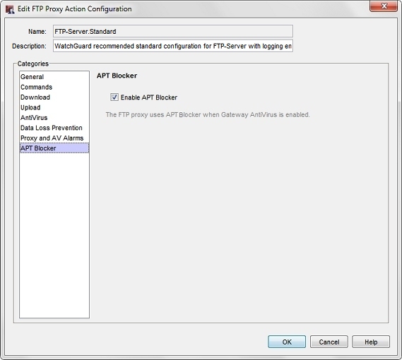 Capture d'écran de la boîte de dialogue Configuration de l'Action de Proxy FTP, page APT Blocker