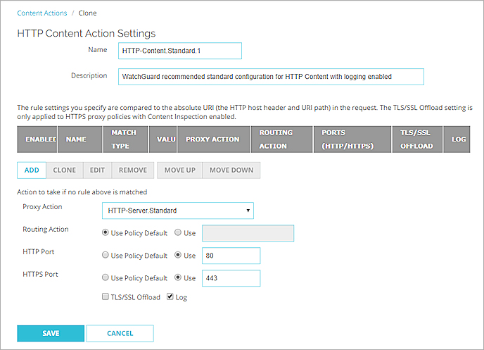 Capture d'écran de la page Paramètres de l'Action de Contenu HTTP dans Fireware Web UI