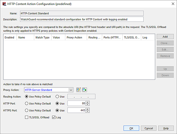 Capture d'écran de la boîte de dialogue Action de contenu HTTP de Policy Manager