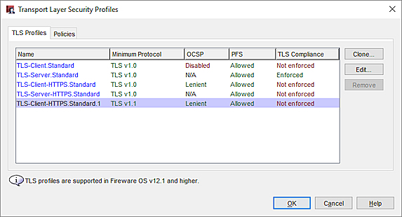 Capture d'écran de la boîte de dialogue Profils Transport Layer Security de Policy Manager