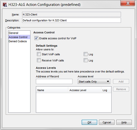 Capture d'écran de la boîte de dialogue Configuration de l'action H.323-ALG, page Contrôle d'accès