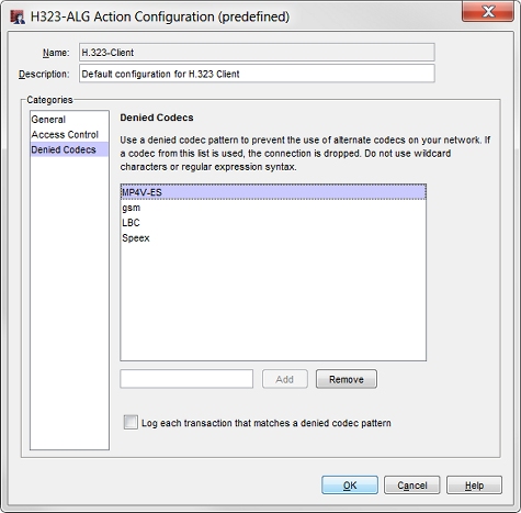 Capture d'écran de la boîte de dialogue Configuration de l'action H.323-ALG, page Codecs refusés