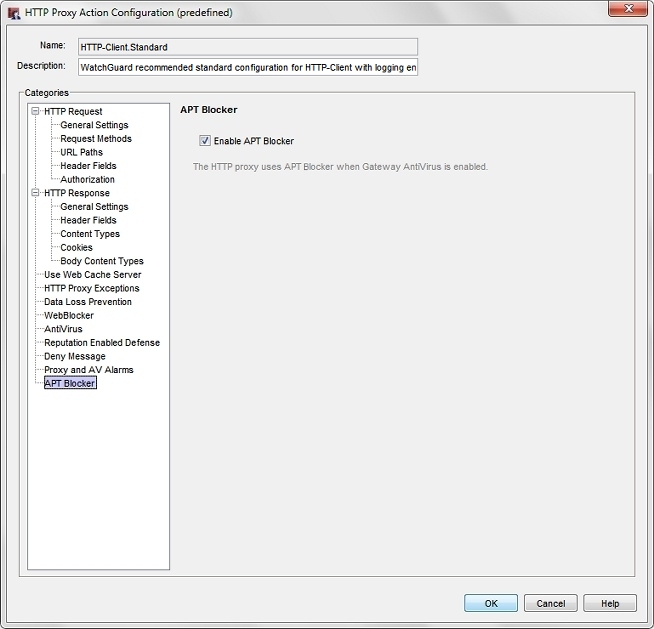 Capture d'écran de la boîte de dialogue Configuration de l'action de proxy HTTP, page APT Blocker