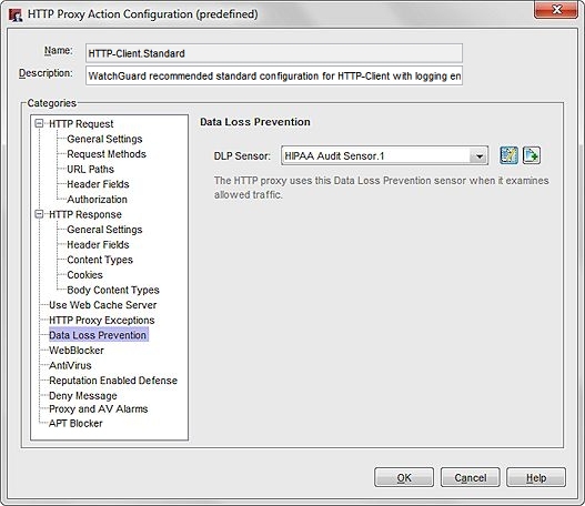 Capture d'écran de la boîte de dialogue de Configuration de l'action de proxy HTTP, page Data Loss Prevention