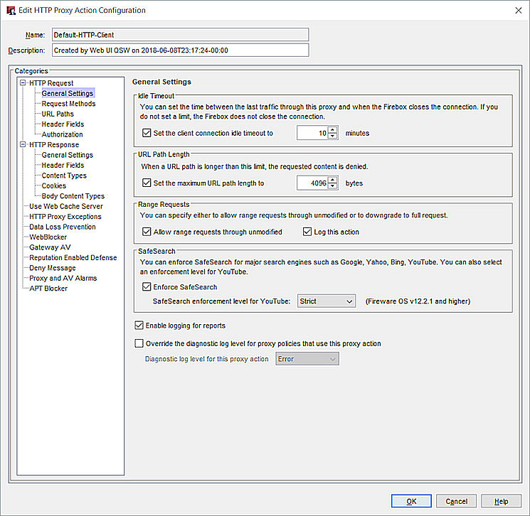 Capture d'écran de la boîte de dialogue Configuration d'une action pour le proxy HTTP, page Paramètres généraux de requête HTTP