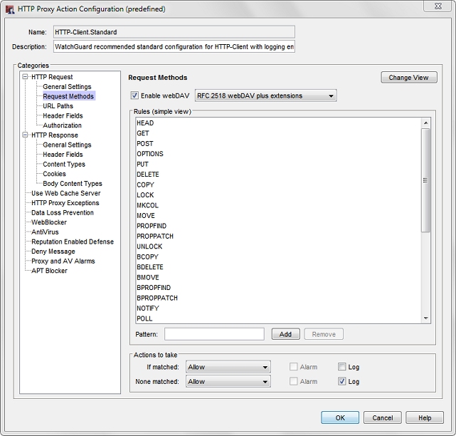 Capture d'écran de la boîte de dialogue de Configuration de l'action de proxy HTTP, page Méthodes de requête