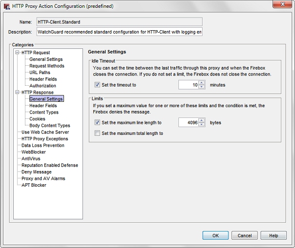 Capture d'écran de la boîte de dialogue Configuration d'une action pour le proxy HTTP, page Paramètres généraux de réponse HTTP