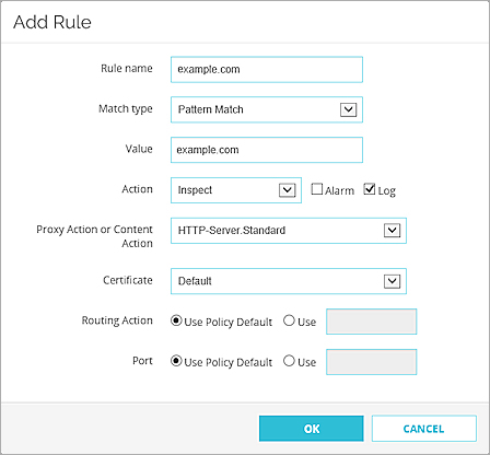 Capture d'écran d'une Action de Proxy de Serveur HTTPS entrant comprenant une sélection de certificat de Fireware Web UI