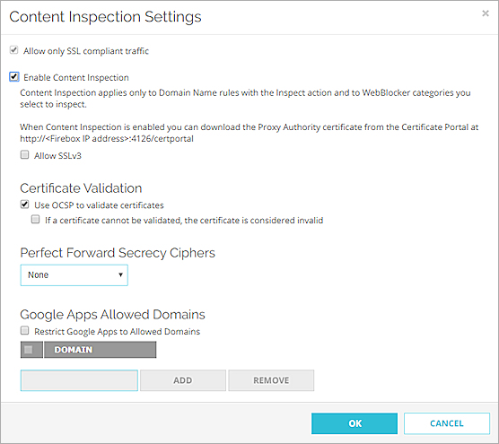 Capture d'écran de la page Paramètres de l'Inspection de Contenu HTTPS dans Fireware Web UI