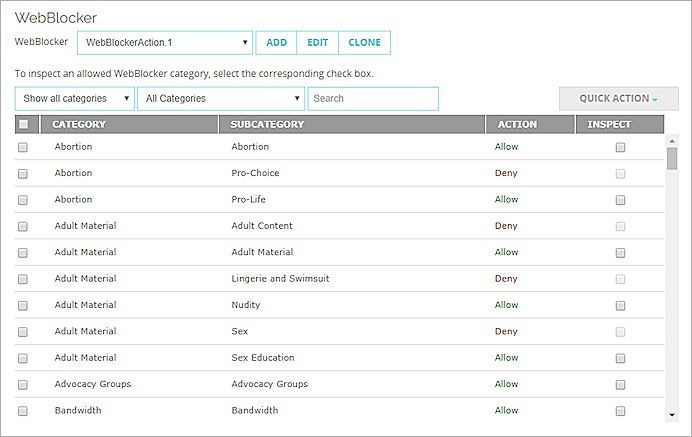 Capture d'écran des paramètres WebBlocker avec l'Inspection de Contenu activée dans Fireware Web UI