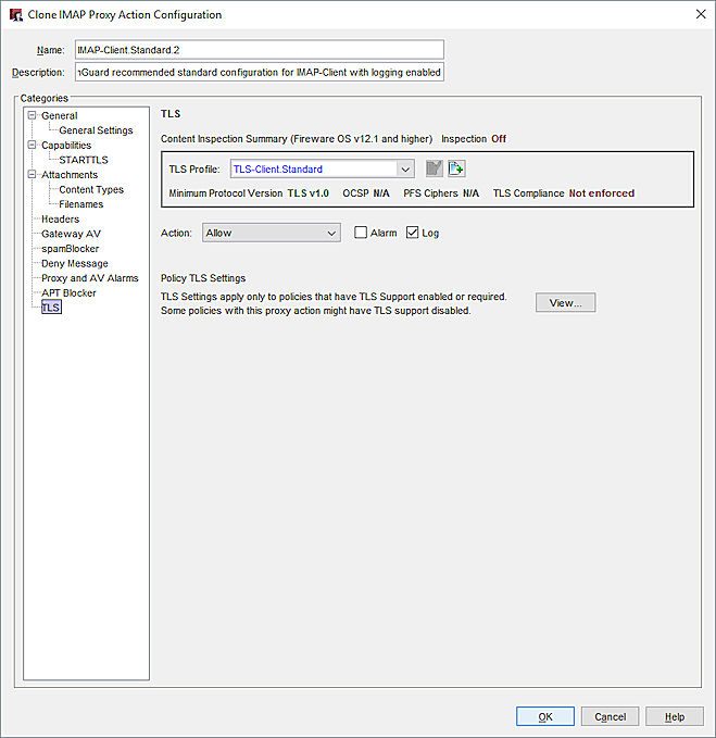 Capture d'écran des paramètres TLS d'une action de proxy IMAP de Policy Manager