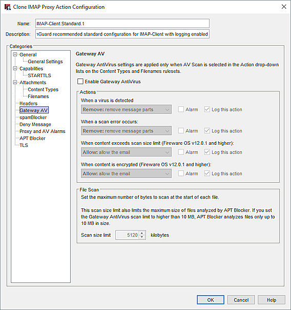 Capture d'écran des paramètres Gateway AV d'une action de proxy IMAP de Policy Manager