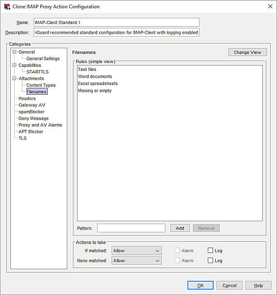 Capture d'écran des paramètres Noms des fichiers d'une action de proxy IMAP de Policy Manager