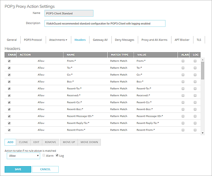 Capture d'écran de la page Modifier une action de proxy pour le client POP3, section En-têtes