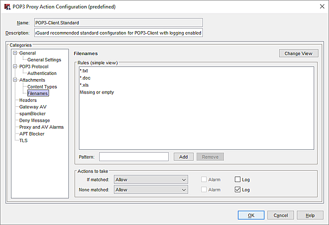 Capture d'écran des règles des Noms de fichier d'une action de proxy POP3 dans Policy Manager