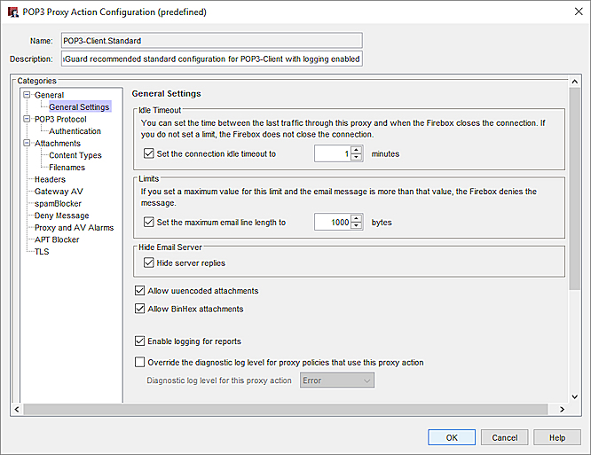 Capture d'écran de la boîte de dialogue Configuration d'une action pour le proxy POP3, page Paramètres généraux