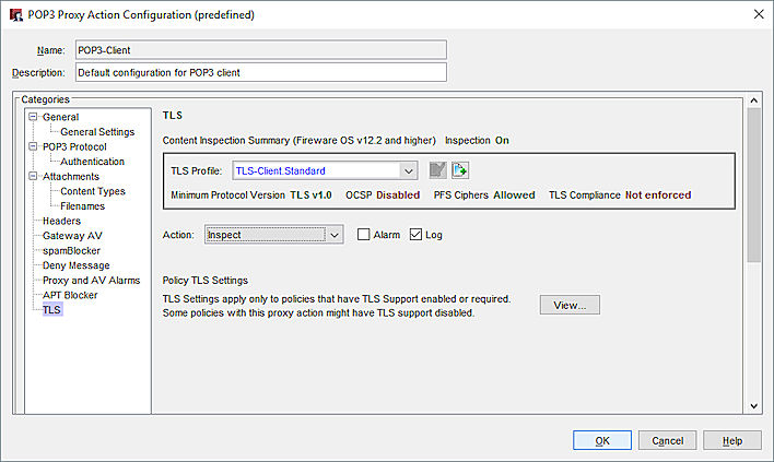 Capture d'écran des paramètres TLS d'une action de proxy POP3 de Policy Manager