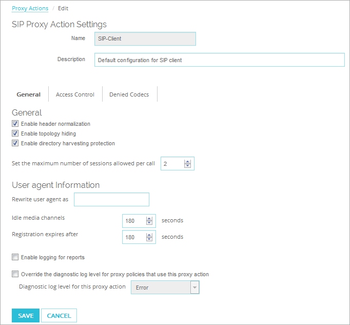 Capture d'écran de la page Modifier une action de proxy pour le client SIP, catégorie Paramètres généraux