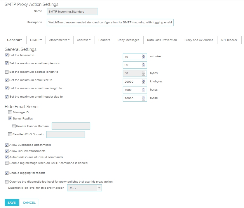 Capture d'écran de la page Modifier les actions de proxy pour l'action de proxy pour SMTP entrant, catégorie Paramètres généraux