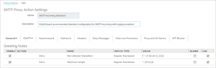 Capture d'écran de la page Modifier une action de proxy SMTP, paramètres des Règles de salutation