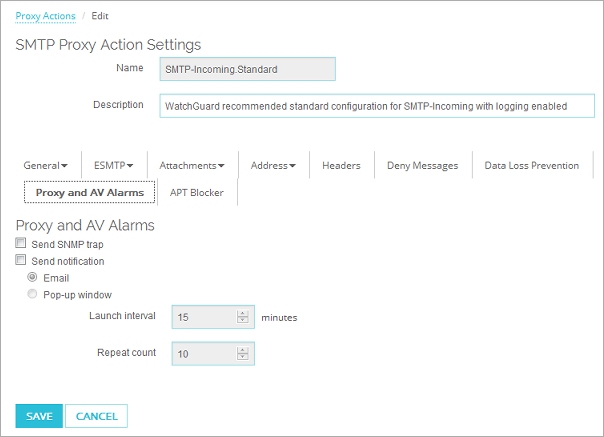 Capture d'écran des paramètres d'Alarme de Proxy et d'AV d'une action de proxy SMTP dans Fireware Web UI