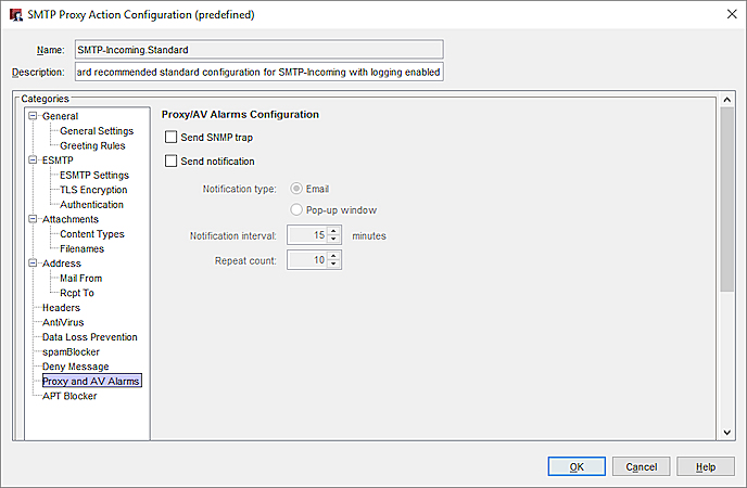 Capture d'écran des paramètres d'Alarme de Proxy et d'AV d'une action de proxy SMTP dans Policy Manager