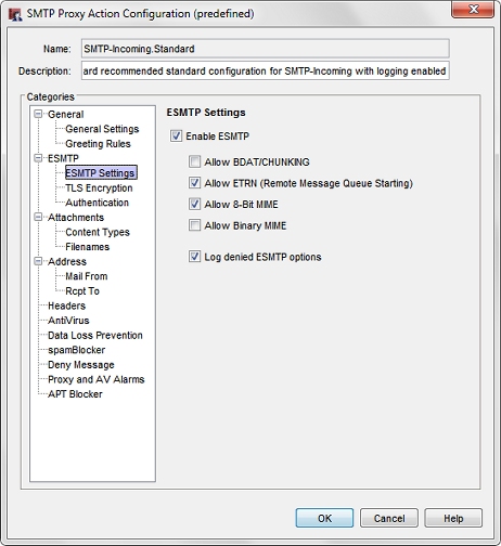 Capture d'écran de la boîte de dialogue Configuration d'une action de proxy SMTP, page Paramètres ESMTP