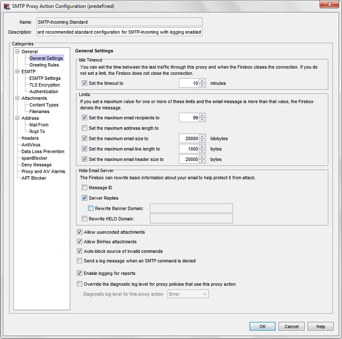 Capture d'écran de la boîte de dialogue Configuration d'une action pour le proxy SMTP, page Paramètres généraux