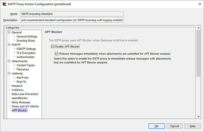 Capture d'écran de la boîte de dialogue Configuration de l'action de proxy SMTP, page APT Blocker