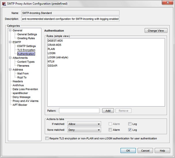 Capture d'écran de la boîte de dialogue Configuration d'une action de proxy pour SMTP entrant, paramètres d'authentification ESMTP