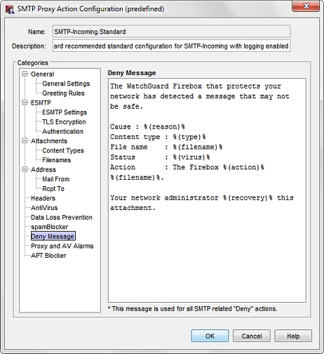 Capture d'écran de la boîte de dialogue Configuration de l'action de proxy pour SMTP entrant, page Message de refus