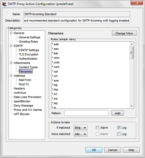 Capture d'écran de la boîte de dialogue Modifier une action de proxy pour SMTP entrant, page Pièces jointes > Noms de fichiers