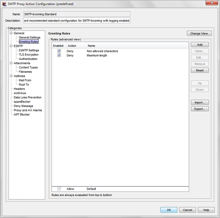 Capture d'écran de la boîte de dialogue Configuration d'une action de proxy SMTP, page Règles de salutation