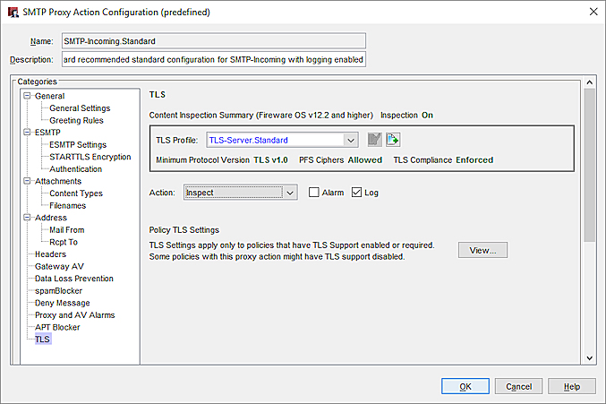 Capture d'écran des paramètres TLS d'une action de proxy SMTP de Policy Manager