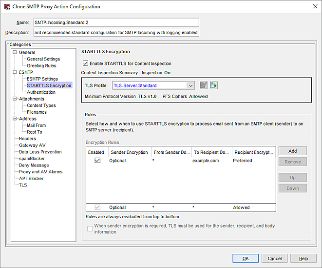 Capture d'écran de la boîte de dialogue Configuration d'une action de proxy SMTP, page Chiffrement TLS